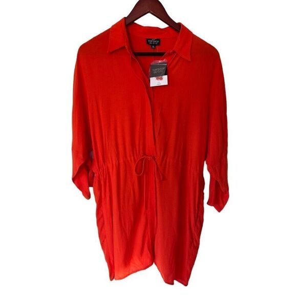 NWT NEW TopShop Petite Tie Waist 3/4 Sleeve Solid Vibrant Orange Tunic Size 0 - Picture 1 of 11
